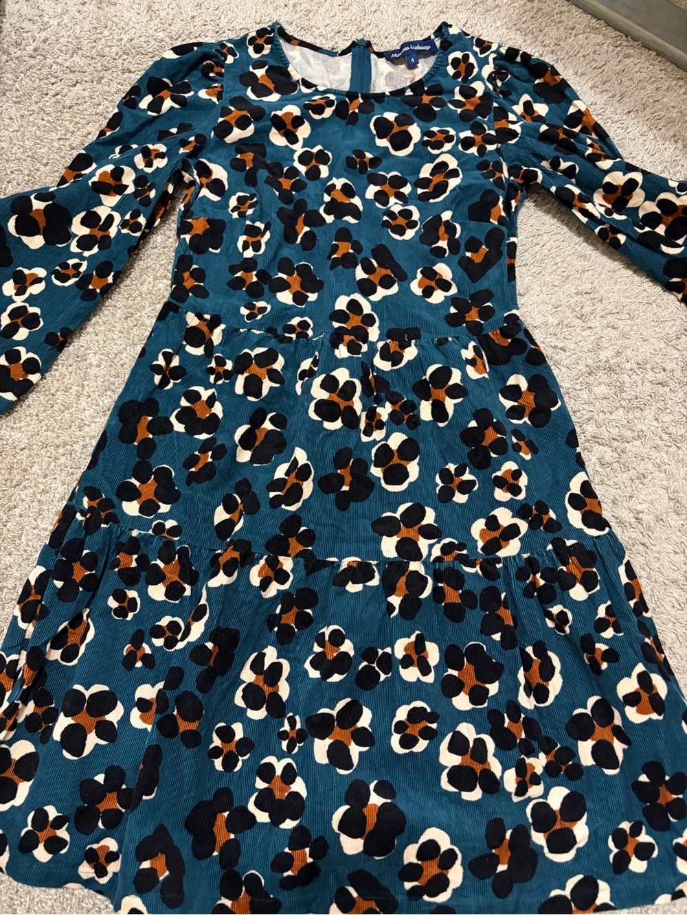 Princess Highway Teal Corduroy Leopard Print Long Sleeve Tiered Dress